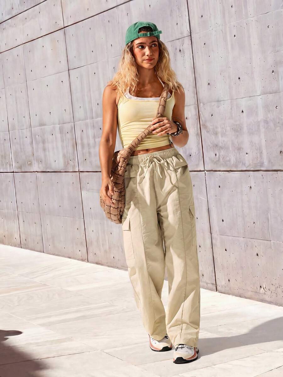 SHEIN Sports Women's Casual Versatile Drawstring Waist Cargo Hiking Pants - Apricot - View 1