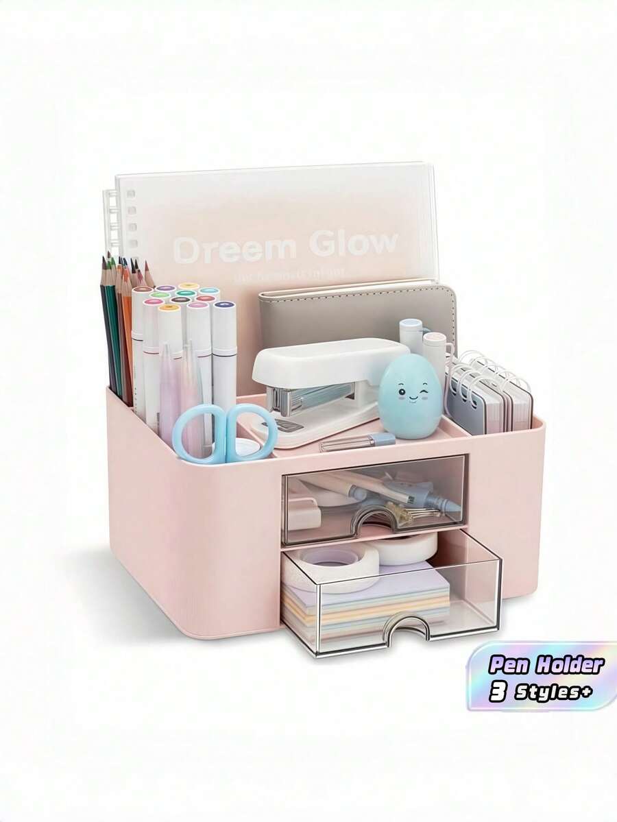 Multi-Function Desktop Organizer With 2 Drawers & 5 Compartments, Sturdy Pen Holder For Office Desk, Storage Tray For Supplies, Stationery, Cables & Small Tools, Space-Saving Workspace Storage Rack - Multicolor - View 1