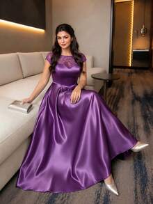 SHEIN Lady CURVE Plus Size Women's Lace Patchwork Elegant French Style Evening Formal Wedding Guest Dress For Party Wedding And Birthday Purple Summer Graduation - Purple - View 1