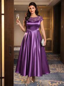 SHEIN Lady CURVE Plus Size Women's Lace Patchwork Elegant French Style Evening Formal Wedding Guest Dress For Party Wedding And Birthday Purple Summer Graduation - Purple - View 5