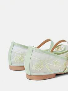 CUCCOO HITCHD Sepatu Mary Jane Wanita dengan Desain Manik-Manik Bordir Jala, Ujung Persegi, Gesper Sederhana, Sol Lembut, dan Bernapas ala Prancis. - Hijau - View 5