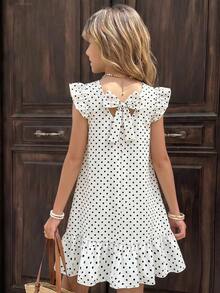 SHEIN Vintaside Kids 女童大童春夏度假海灘熱帶風 3D蝴蝶結圓領無袖荷葉飄逸袖甜美春季風中長洋裝 - 黑與白 - 查看 1
