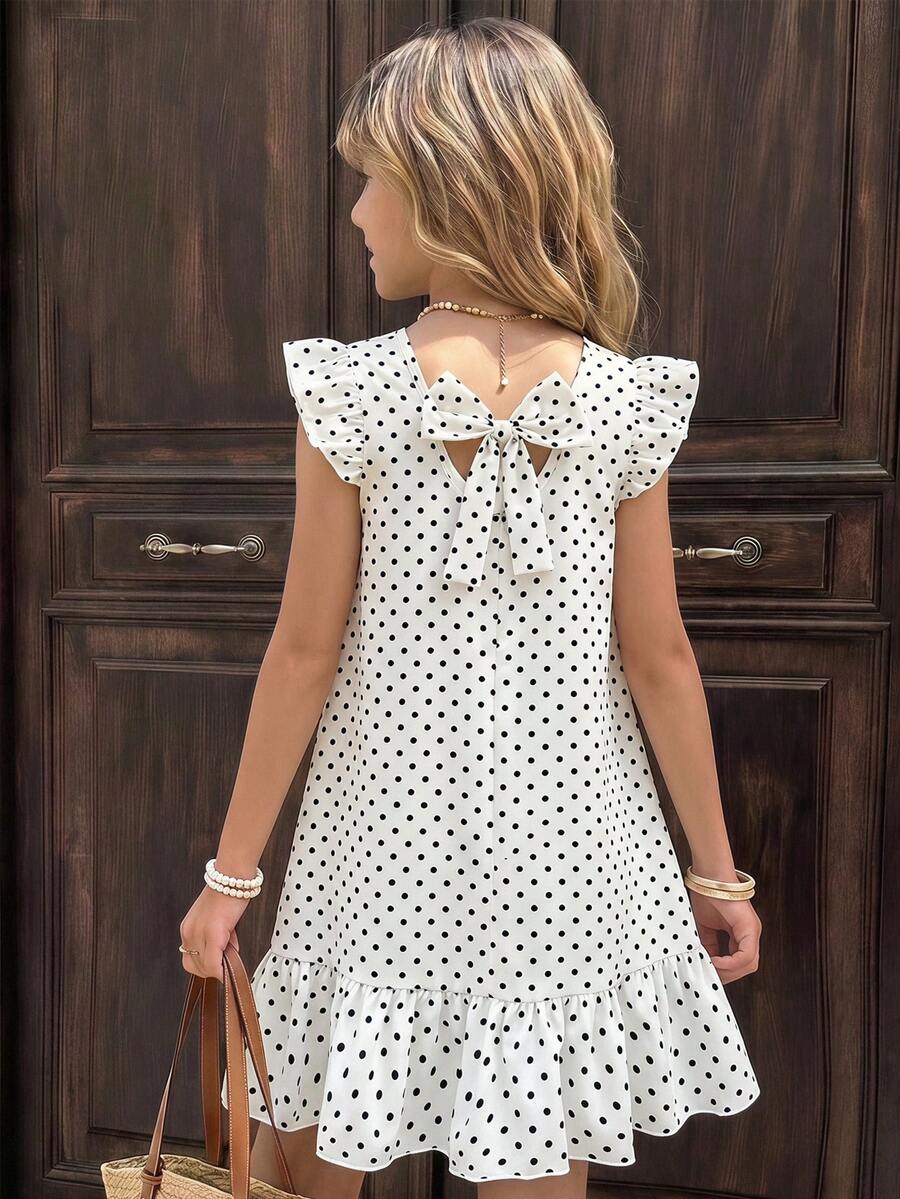 SHEIN Vintaside Kids 女童大童春夏度假海灘熱帶風 3D蝴蝶結圓領無袖荷葉飄逸袖甜美春季風中長洋裝 - 黑與白 - 查看 1