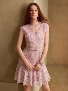 MOTF PREMIUM SPRING/SUMMER ELEGANT ROMANTIC FRENCH VINTAGE DATE FASHION HIGH-END MESH BEADED PATCHWORK WAIST BELT CINCHED WAIST PINK & WHITE WOMEN'S LACE SHORT DRESS - Pink - View 7