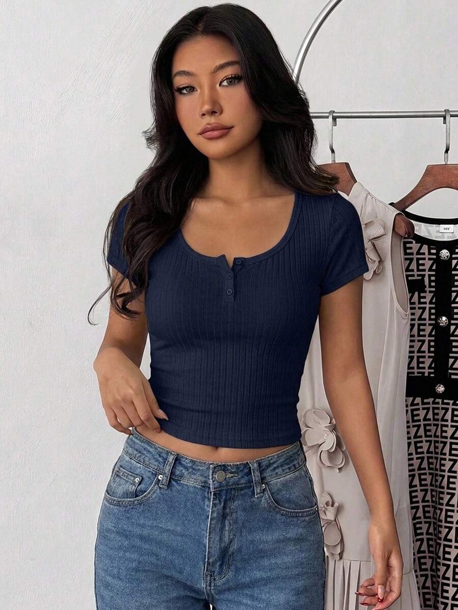 Teen Girl Summer New Snug Fit Versatile Navy Blue Ribbed Knit Round Neck Button Short Sleeve Top - Navy Blue - View 1