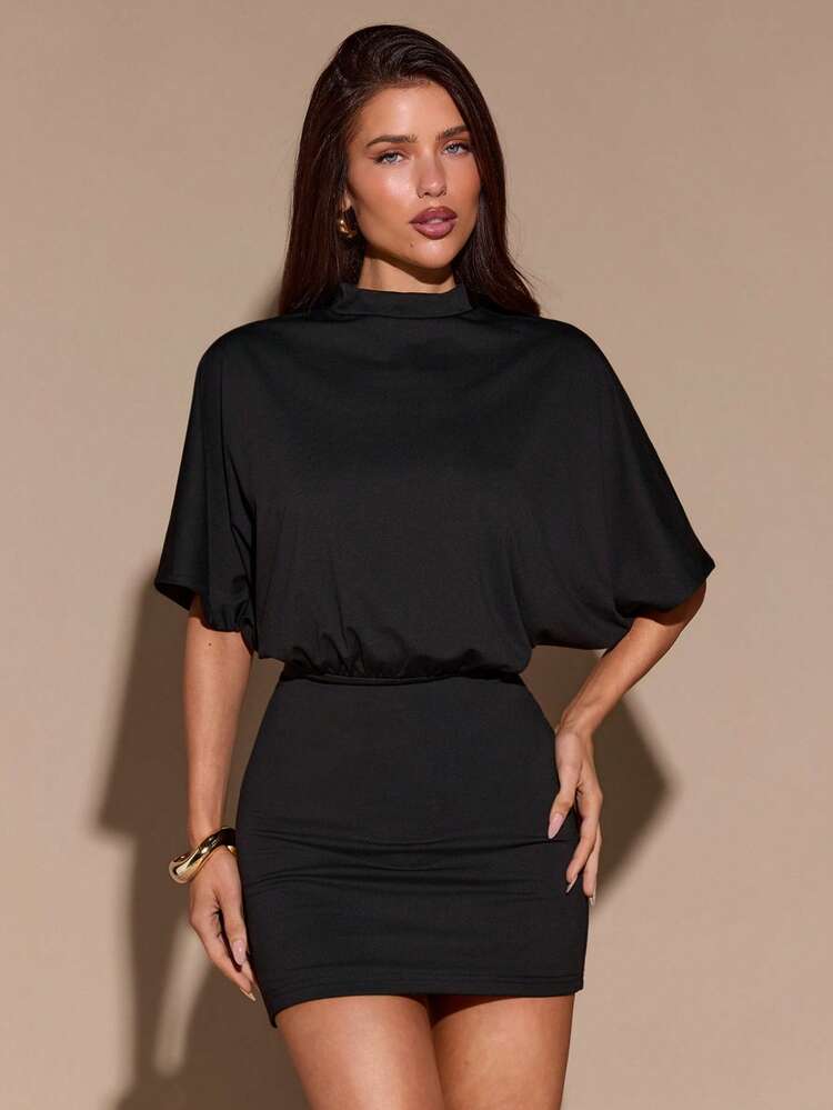 SHEIN BAE Autumn/Winter Solid Sexy Backless Short Sleeve Mini Knit Dress - Black - View 3