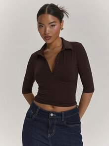 SHEIN BAE 女款休閒優雅極簡通勤上班短袖 Polo 領上衣，梅紅色上衣，紫色上衣，藕紫色上衣，外出上衣，休閒上衣，辦公室上衣，教師上衣 - 咖啡棕 - 查看 4