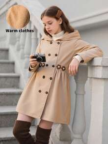 SHEIN Chaqueta casual con capucha de felpa de media longitud para niñas preadolescentes, invierno - Caqui - Ver 5