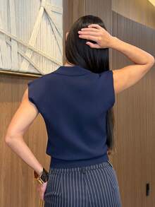 Yohana Edit 女款商務休閒短袖套頭針織毛衣 老錢風 夏季 - 藏蓝色 - 查看 2