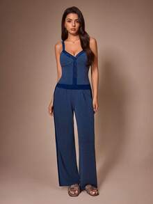 Lazeform Skin-Friendly Soft Lace Trim Cami Loungewear Sleepwear Set - Blue - View 5