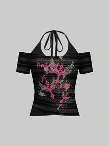Attitoon 女款字母與十字印花 2 合 1 一字領掛脖 T-shirt - 彩色 - 查看 3