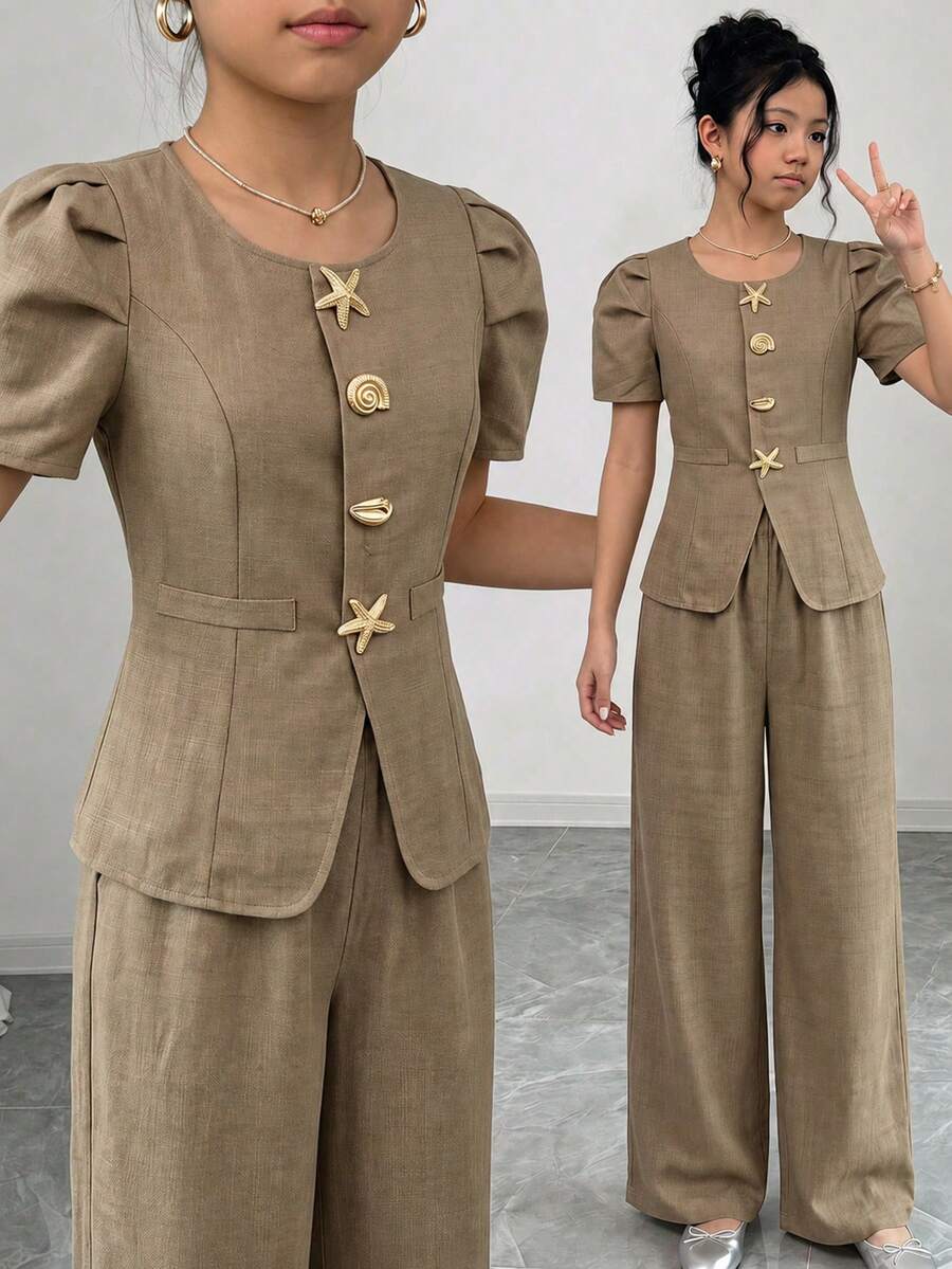 SHEIN Tween Girl Metal Button Striped Blazer Puff Sleeve Shirt With Straight Leg Wide Leg Pants Set - Khaki - View 1