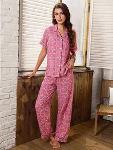 Serenescape Women's Vacation Style Geometric Print Lapel Short Sleeve Long Pants Pajama Set - Pink - View 4