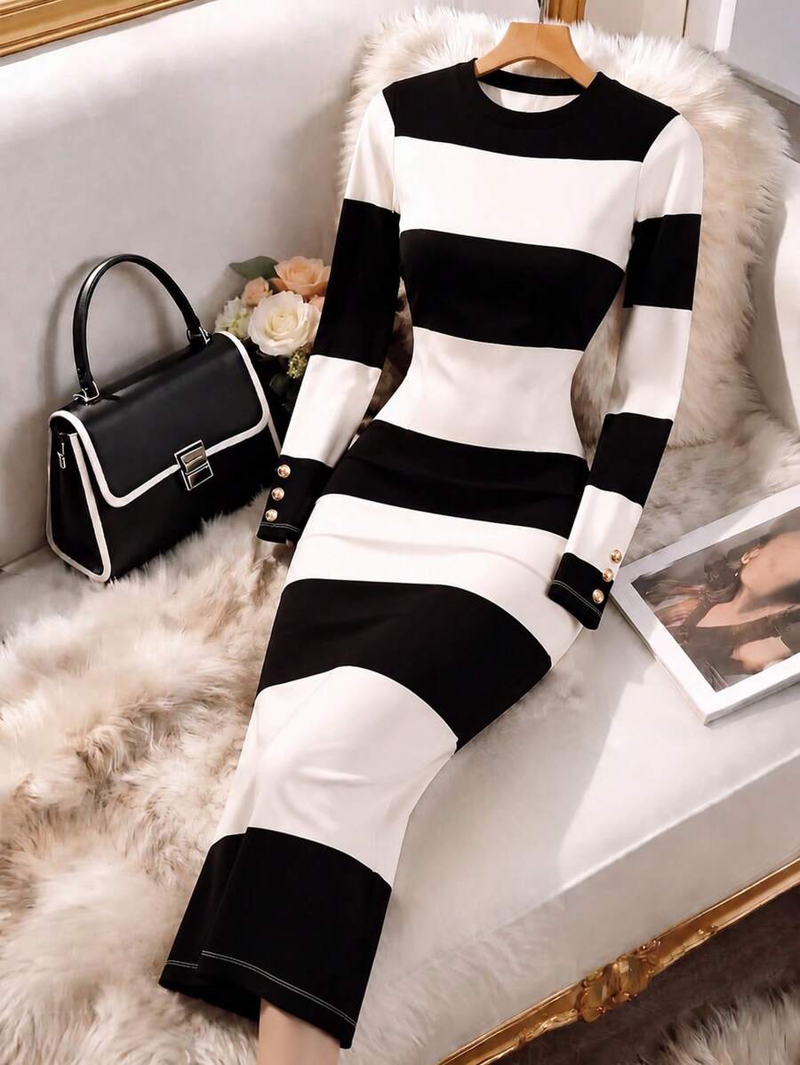 Resyla Black And White Striped Wide Stripe Round Neck Midi Dress, Long ...
