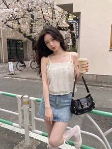 SHEIN MOD Màu be kem Organza Ruy băng thêu lưới kết cấu dây đeo nơ yếm dành cho nữ - Màu be - Xem 3