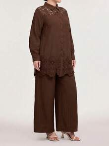 Veilorie Plus Size Women Solid Color Hollow Embroidery Long Sleeve Shirt And Wide Leg Pants Casual 2-Piece Set - Coffee Brown - View 4