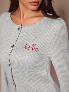 Lazeform Heart Embroidered Casual Women's Pajama Set Loungewear - Light Grey - View 2