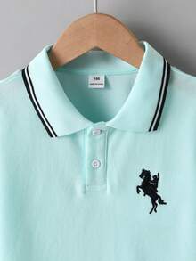 SHEIN Young Boy Knight Striped Short Sleeve Casual Polo Shirt - Mint Green - View 3