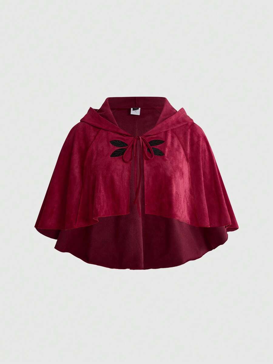 ROMWE Chaqueta capa con capucha bordada con hojas estilo Fairycore talla grande - Rojo - Ver 1
