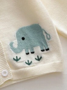 SHEIN Baby Boys Cardigans Infant Toddler Round Neck Knitted Solid Color Sweater Jacquard Cartoon Cute Comfortable Simple Casual Animal Off-White - Beige - View 9