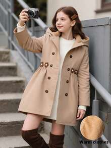 SHEIN Chaqueta casual con capucha de felpa de media longitud para niñas preadolescentes, invierno - Caqui - Ver 2