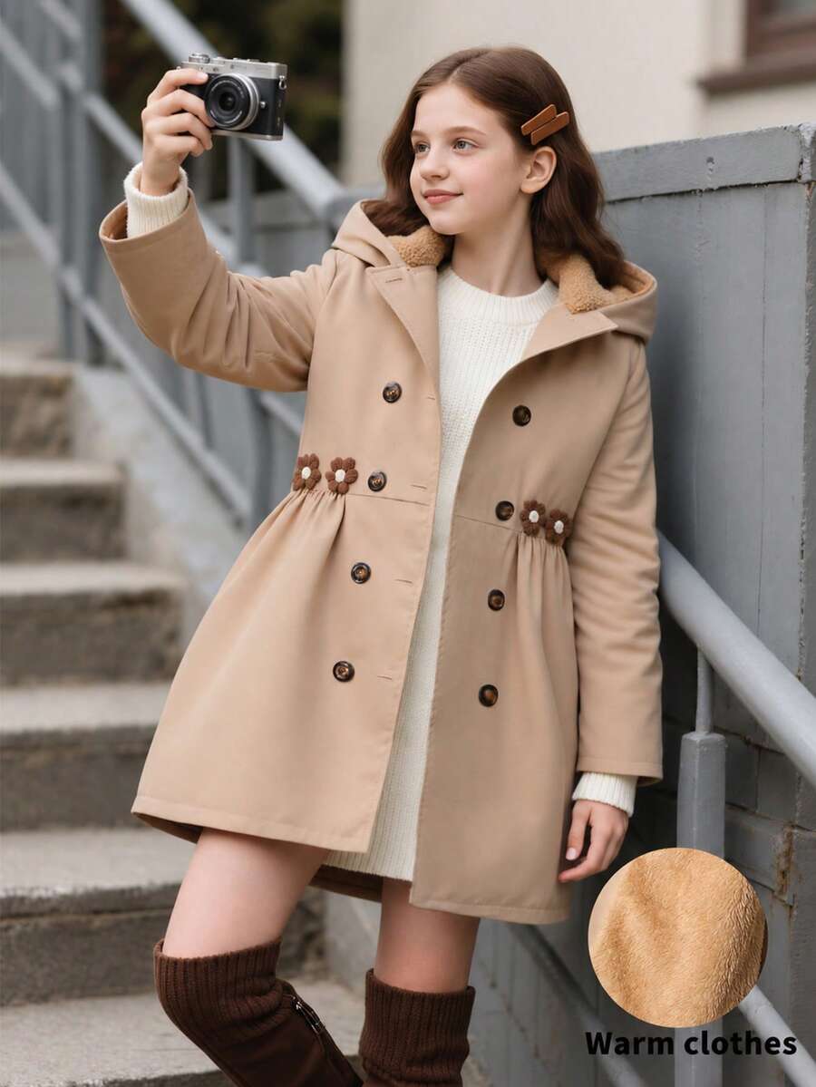 SHEIN Chaqueta casual con capucha de felpa de media longitud para niñas preadolescentes, invierno