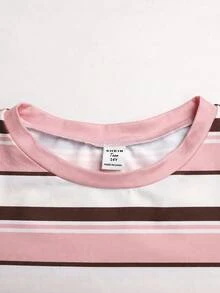 SHEIN 青少年女孩秋季新款彩色條紋休閒簡約寬鬆長袖T恤 - 粉色 - 查看 5