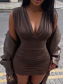 SHEIN SXY Women's Elegant Dark Brown Pleated Sexy Hot Girl Dress Club Night Out Summer - Brown - View 4