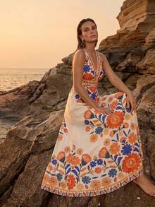 Swim Chiccia Bohemian Tropical Boho Floral Print Backless Halter Neck Women's Vacation Dress White Floral Summer - Multicolor - View 6