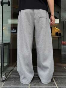 DAZY Men's Long Gray Pleated Design Elastic Waist Loose Wide Leg Sweatpants - Light Grey - View 2