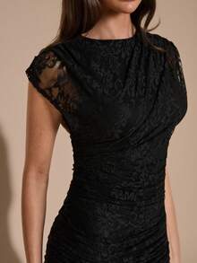 SHEIN BAE Black Lace Bodycon Elegant Fitted Ruched Dress, Black Lace Flowy Dress - Black - View 3
