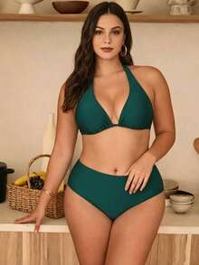 Swim Chiccia 大尺碼女款純黑色 2026 新款熱銷時尚度假日常極簡休閒修身掛脖綁帶抽繩蝴蝶結性感比基尼泳衣上衣 - 青碧色 - 查看 3