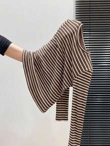 Muvela Women's Ribbed Crew Neck Long Sleeve Casual T-Shirt Brunch Everyday School Brown Striped Autumn Slim Fit Basic Back-To-School - Coffee Brown - View 2