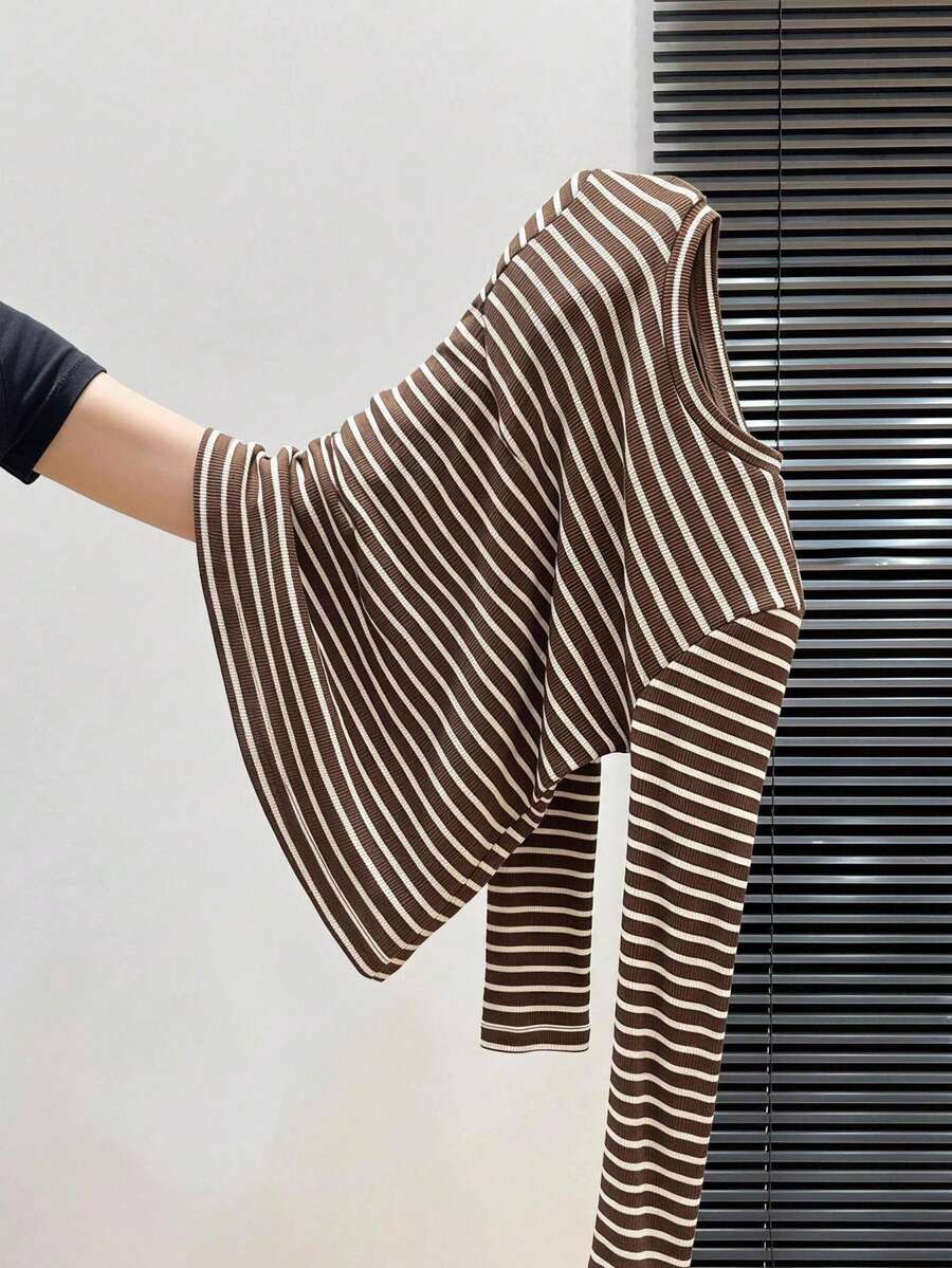 Muvela Women's Ribbed Crew Neck Long Sleeve Casual T-Shirt Brunch Everyday School Brown Striped Autumn Slim Fit Basic Back-To-School