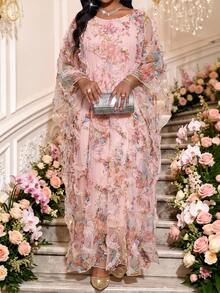Fleurora Plus Size Women's Floral Print Ruffle Hem Loose Elegant Ninang Dress Wedding Pink Floral Summer - Pink - View 3