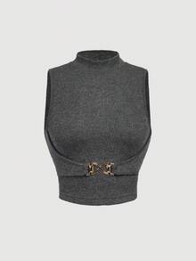 SHEIN MOD 女款鈕扣立領修身深灰色背心，秋季服飾，休閒襯衫，女款工作裝，返校穿搭 - 深灰色 - 查看 1