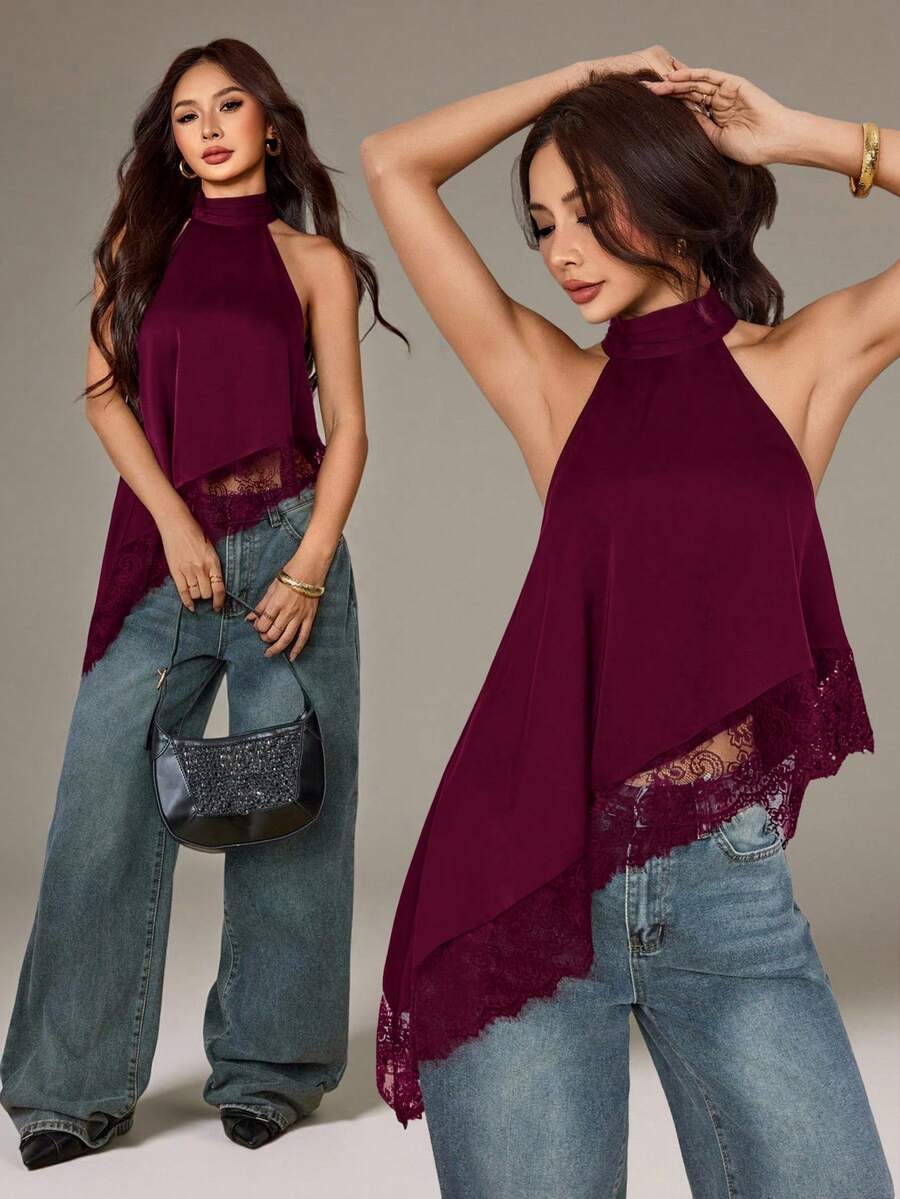 SHEIN PETITE 不對稱高領掛脖上衣,蕾絲飾邊,適合晚宴派對雞尾酒會 - 中紫紅色 - 查看 1