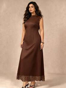 Juhart Lace Patchwork Acetate Satin Waist-Cinching Long Sleeveless Dress - Coffee Brown - View 3