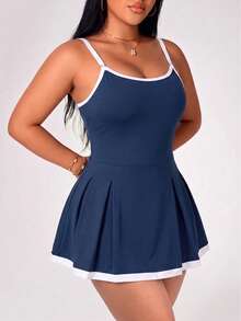 SHEIN Rhythm Era Spring/Summer Women's Sports Dress, Tennis, Navy Blue Colorblock, Thin Adjustable Straps, Hemline, Built-In Shorts Pockets Pickleball - Multicolor - View 4