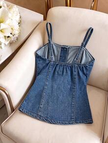 Qadelle Atasan Camisole Denim Kasual Wanita Kancing Tunggal - Biru - View 3