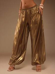 TypaGal Women's Solid Color Casual Versatile Daily Wear Wide Leg Long Pants - Gold - View 5