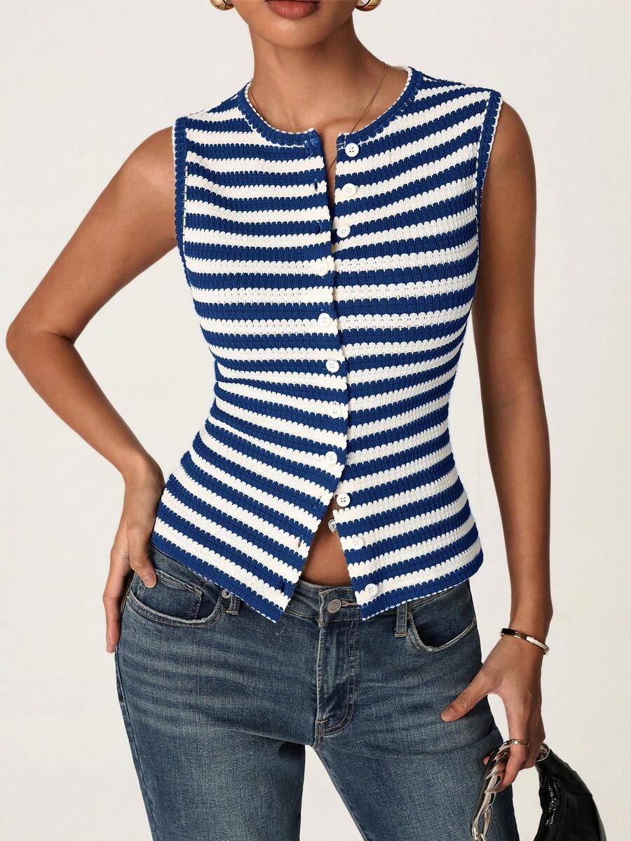 SHEIN BASICS 女款夏季休閒藍白條紋前開扣背心上衣 度假風 - 藏蓝色 - 查看 1