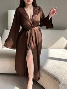 Dazy Plus Solid Color Satin Contrast Lace Sexy Loose Tie-Front Plus Size Women's Spring/Autumn Loungewear Robe - Brown - View 4