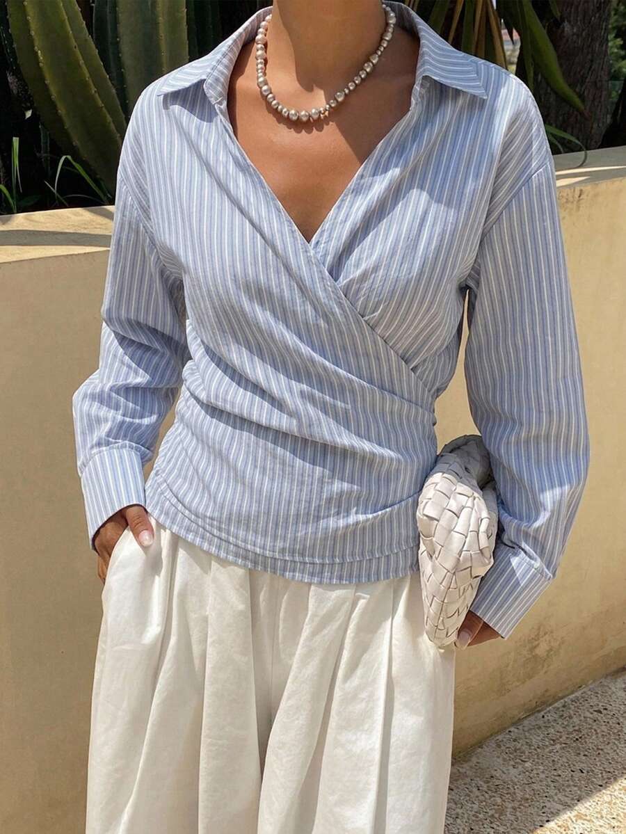 DAZY 女款純色寬鬆不對稱前綁帶長袖休閒度假夏季襯衫上衣 - 藍色 - 查看 1