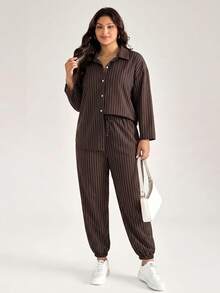 Comfylo Plus Size Women's Striped Long Sleeve Top And Pants Casual Daily 2 Pieces Set Fall - Coffee Brown - View 7