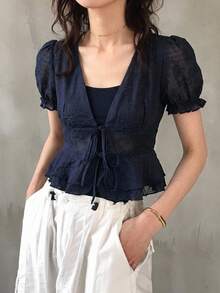 Joudiya 蓝色花卉刺绣休闲街头系带短袖衬衫裙，适合春夏、婚礼和情人节等场合。 - 藏蓝色 - 查看 8
