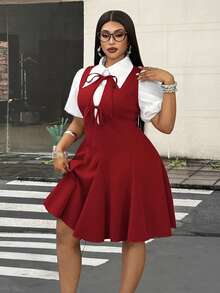 Mawevolt Plus Size Women's Solid Color Petal Sleeve Single-Breasted Top And Tie-Front Design Dress Fashion Set - Burgundy - View 4