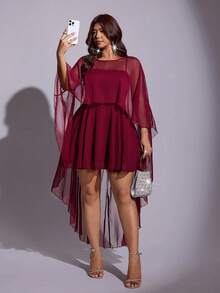 Viva Relle Plus Size Women Solid Color Spaghetti Strap Dress And Mesh Cover-Up Top Fashion Set - Burgundy - View 4