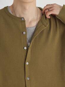 DAZY Solid Color Collarless Open Front Round Neck Minimalist Fit Olive Green Ribbed Hem Cuffed Commuter Men's Cardigan Fall - Olive Green - View 4