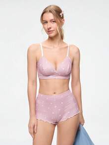 Bonmuse 3 件套女士纯色心形印花荷叶边内衣文胸和松紧腰短裤睡衣套装两件套女士 2 件套，卡哇伊 - 彩色 - 查看 8